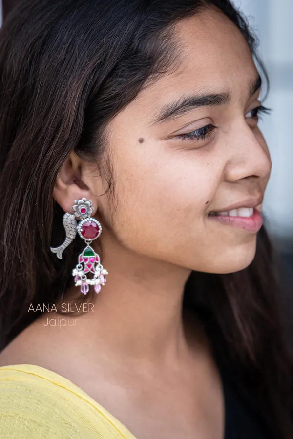 925_Pure_Sterling_Silver_|_Fish_Flower_Kundan_Earrings_|_Well_Stamped_&_Hallmarked