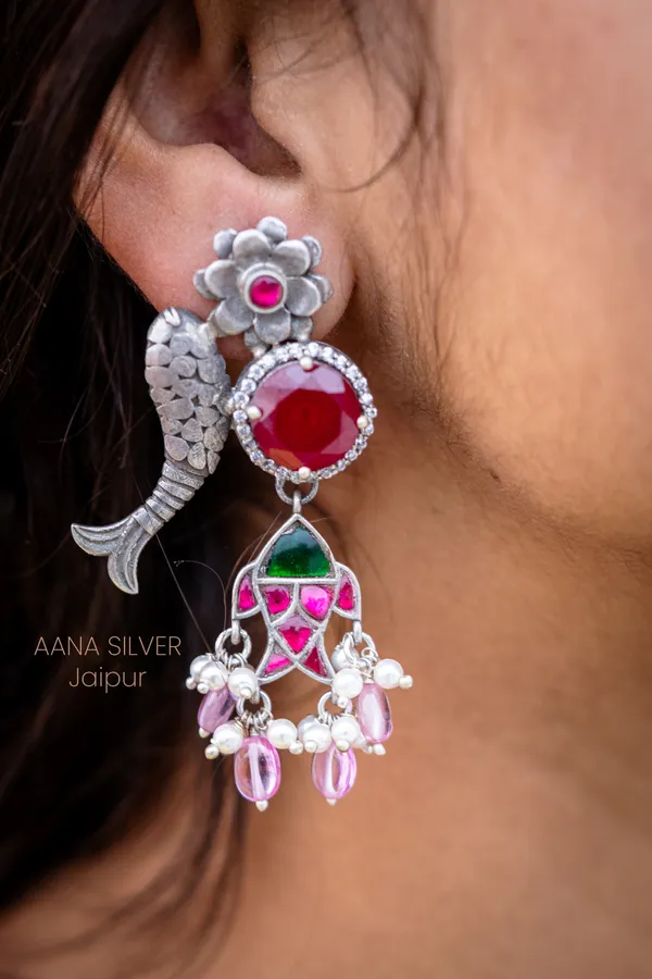 925_Pure_Sterling_Silver_|_Fish_Flower_Kundan_Earrings_|_Well_Stamped_&_Hallmarked