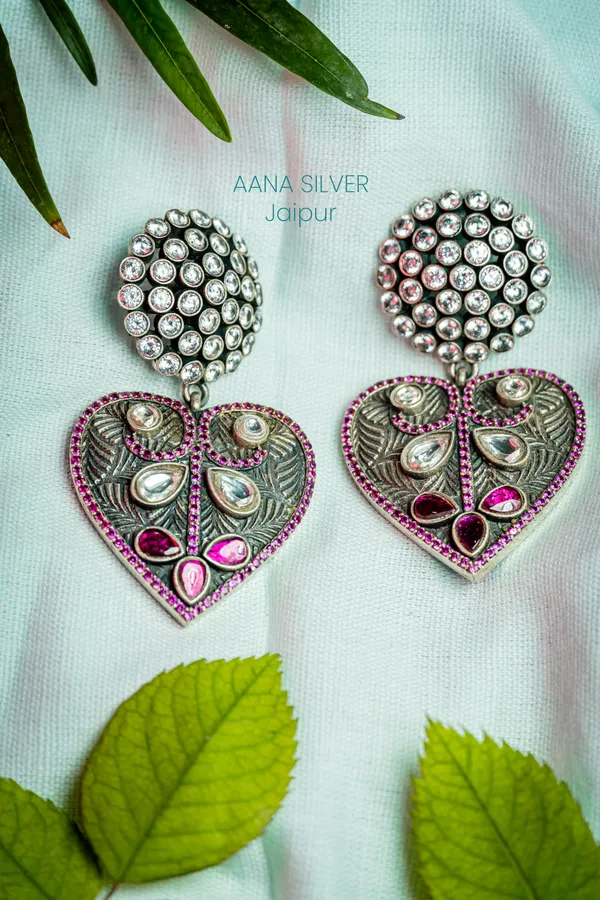925_Pure_Sterling_Silver_|_Textured_Leaf_Kundan_Earrings_|_Well_Stamped_&_Hallmarked