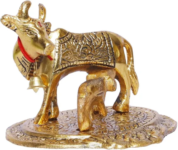 Metal_Handicraft_Cow_With_Calf_Standin_On_Base_Gold_Plated_Shwopiece_For_Room
