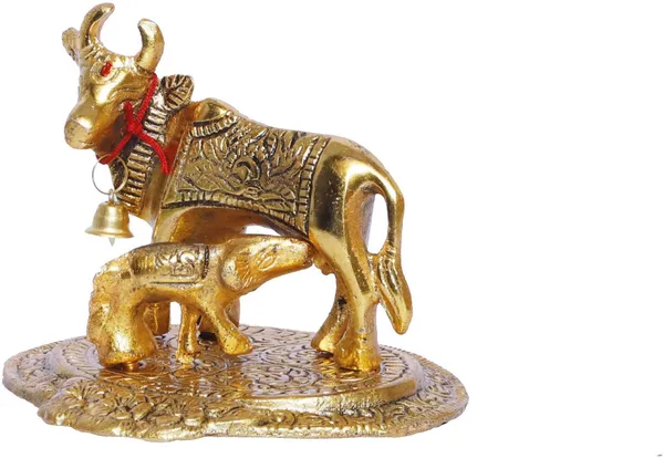 Metal_Handicraft_Cow_With_Calf_Standin_On_Base_Gold_Plated_Shwopiece_For_Room