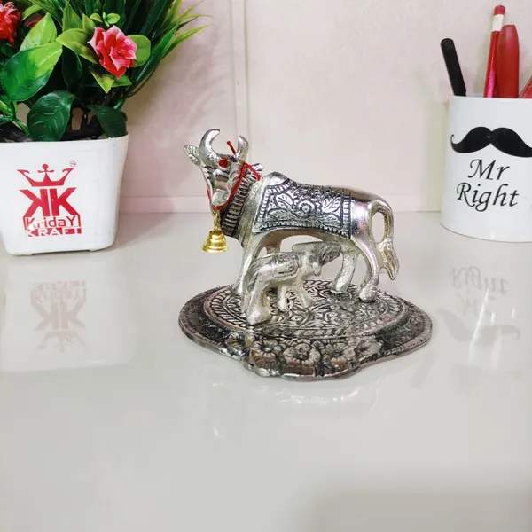 Metal_Cow_With_Calf_Standing_On_Base_Silver_Plated_Showpiece_Decorative_For_Home