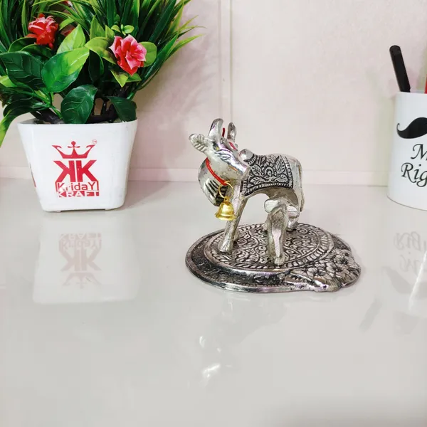 Metal_Cow_With_Calf_Standing_On_Base_Silver_Plated_Showpiece_Decorative_For_Home