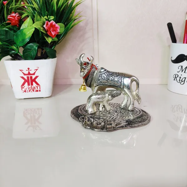 Metal_Cow_With_Calf_Standing_On_Base_Silver_Plated_Showpiece_Decorative_For_Home