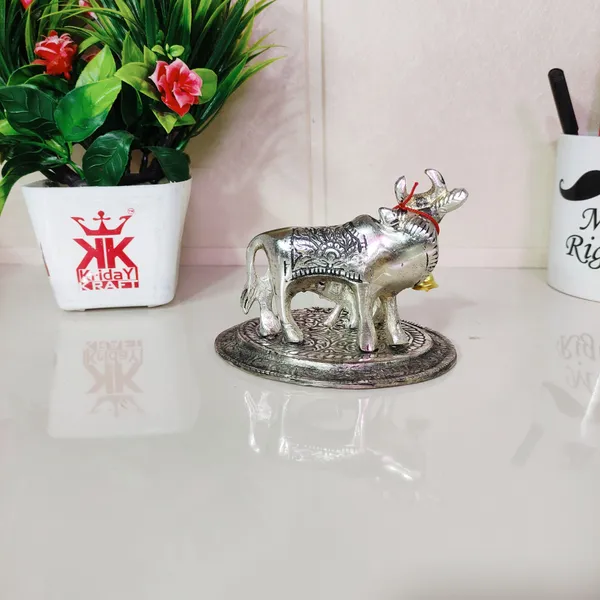 Metal_Cow_With_Calf_Standing_On_Base_Silver_Plated_Showpiece_Decorative_For_Home