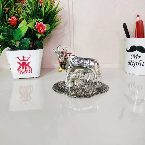 Metal_Cow_With_Calf_Standing_On_Base_Silver_Plated_Showpiece_Decorative_For_Home