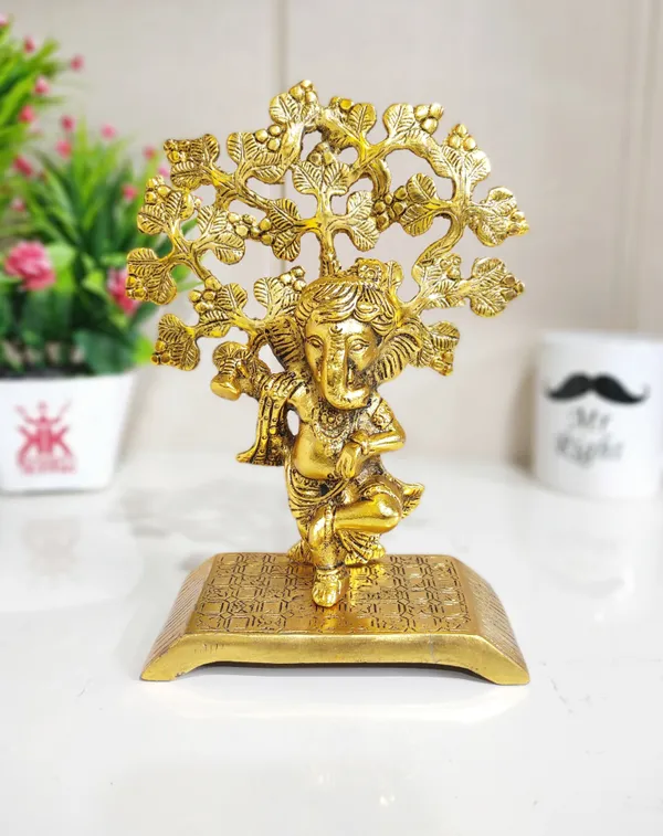 Metal_Ganesha_Statue_Playing_Damru_Standing_Under_Tree