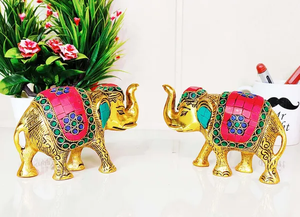 Metal_Elephant_Statue_Small_Size_With_Stone_Work_2_Pcs_Set_For_Showpiece_Enhance_Your_Home