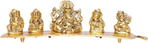 White_Metal_Gold_Plated_Ganesha_On_Leaf_With_Musical_Instrument_Metal_Statue_For_Pooja
