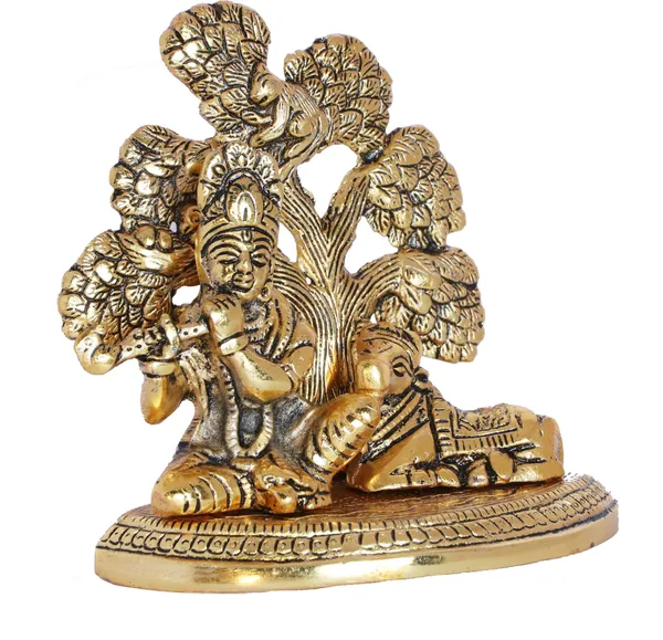 Metal_Lord_Krishna_Plying_Flute_Sitting_Under_Tree_With_Cow_Decorative_Showpiece_-_13_Cm_(Metal