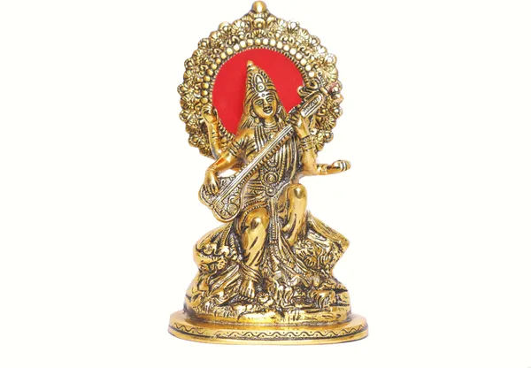 Maa_Saraswati_Siting_Gold_Plated_Metal_Statue_Hindu_Goddess
