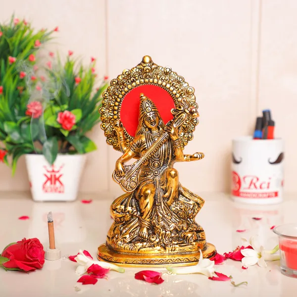 Maa_Saraswati_Siting_Gold_Plated_Metal_Statue_Hindu_Goddess