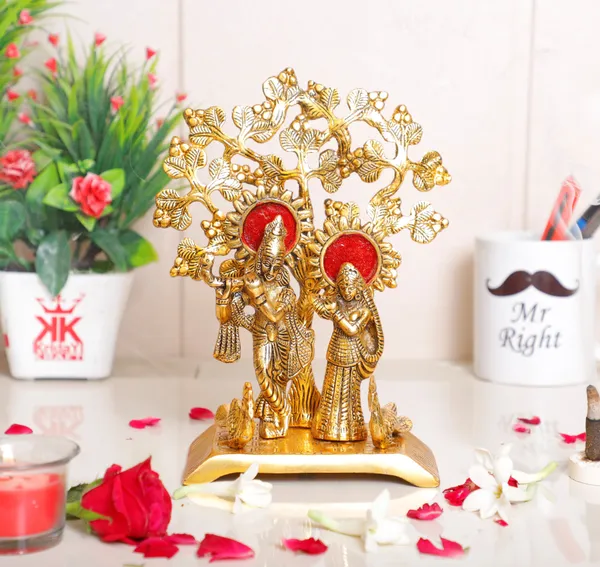 Radha_Krishna_Standing_Playing_Flute_Under_Tree_Idol_Metal_Statue_Gold_Antique_Finish_For_Pooja_Home