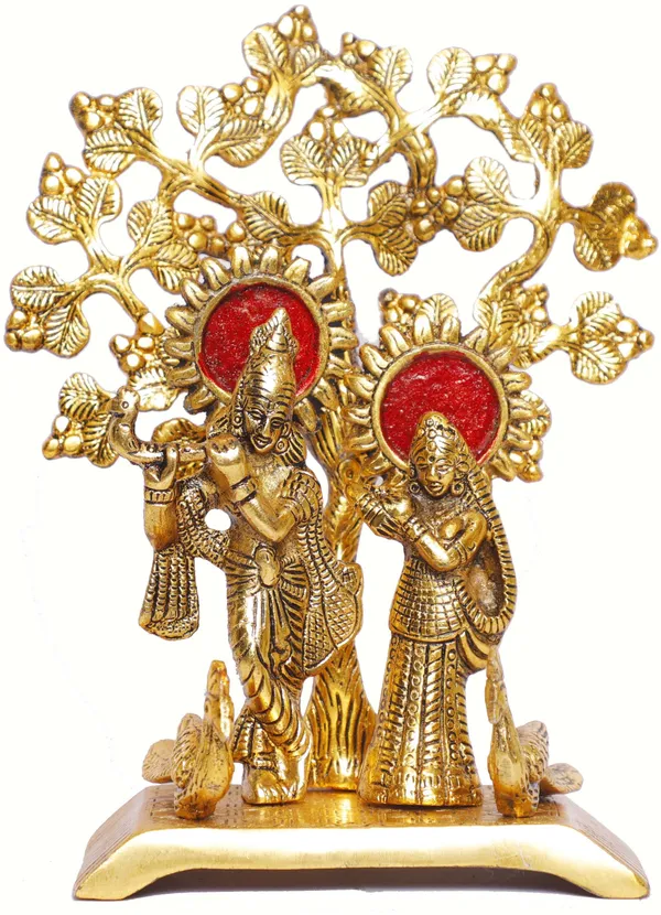 Radha_Krishna_Standing_Playing_Flute_Under_Tree_Idol_Metal_Statue_Gold_Antique_Finish_For_Pooja_Home