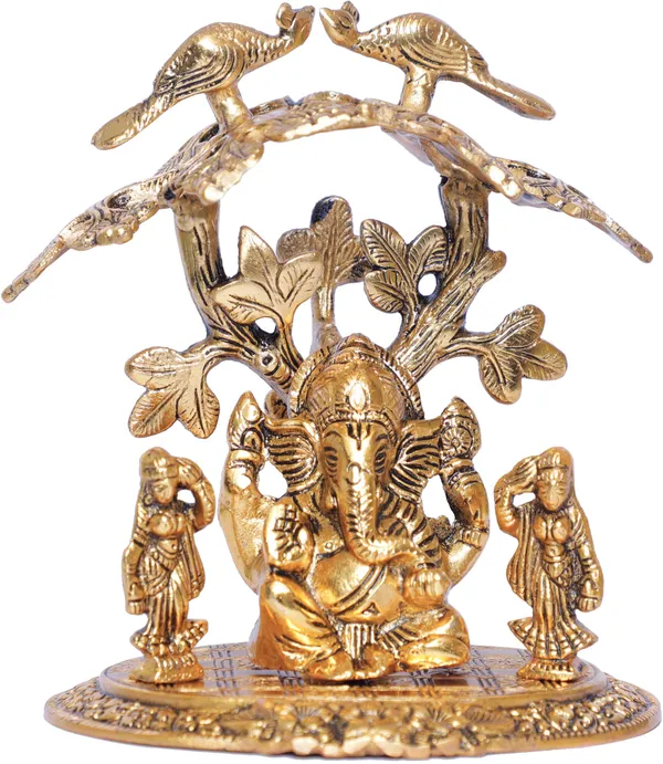 Ganesha_With_Riddi_Shiddi_Under_Tree_Metal_Statue_For_Pooja_Decorative_Showpiece_Figurine_Religious_Idols