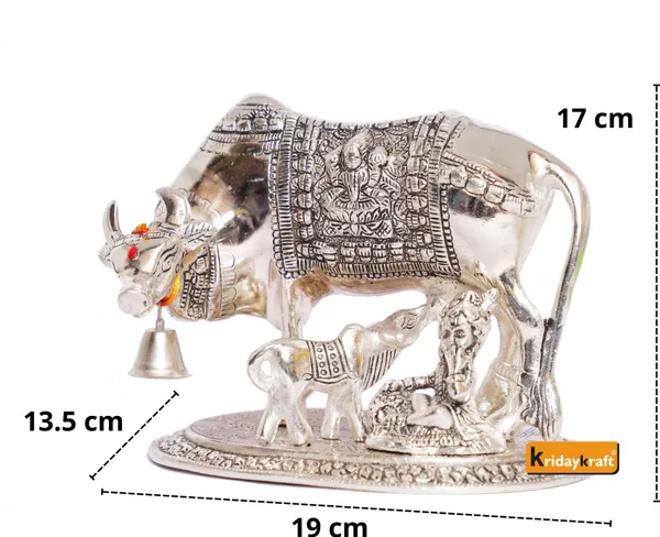 Metal_Religious_Kamdhenu_Cow_With_Calf_And_Krishna_Idol_Silver_Finish