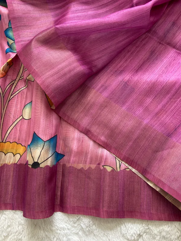 Darika_Pink_–_Navratri_Special_|_Soft_Tussar_Silk_Saree_with_Print,_Pallu_&_Zari_Border_&_Contrast_Print_Blouse_with_Tassels