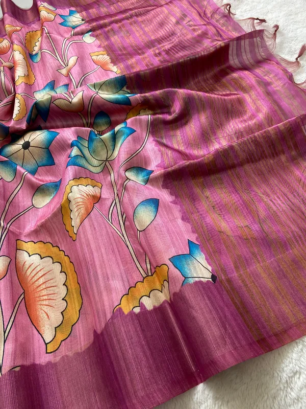 Darika_Pink_–_Navratri_Special_|_Soft_Tussar_Silk_Saree_with_Print,_Pallu_&_Zari_Border_&_Contrast_Print_Blouse_with_Tassels
