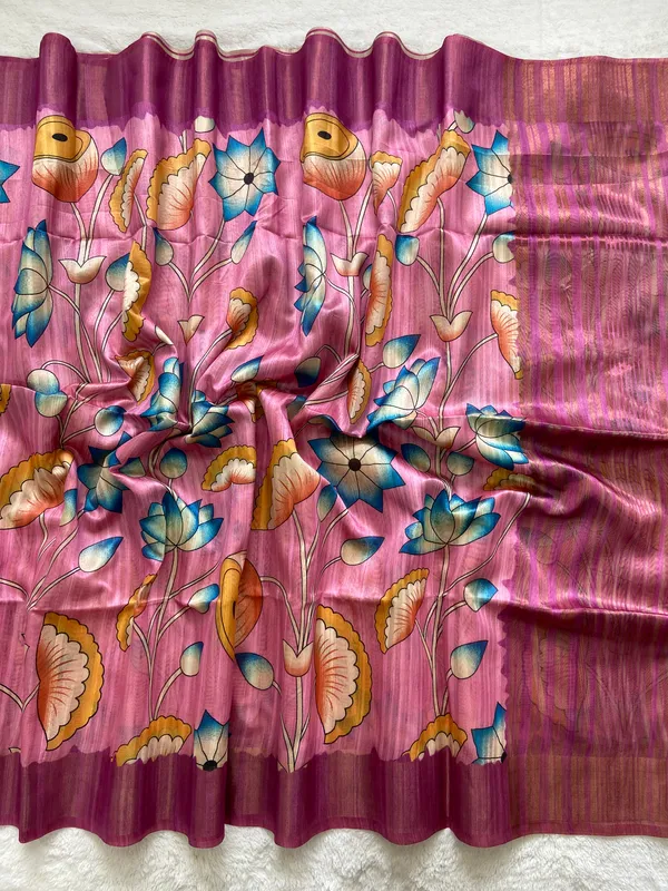 Darika_Pink_–_Navratri_Special_|_Soft_Tussar_Silk_Saree_with_Print,_Pallu_&_Zari_Border_&_Contrast_Print_Blouse_with_Tassels