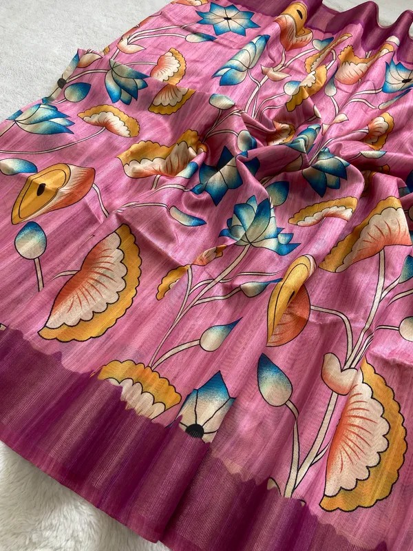 Darika_Pink_–_Navratri_Special_|_Soft_Tussar_Silk_Saree_with_Print,_Pallu_&_Zari_Border_&_Contrast_Print_Blouse_with_Tassels