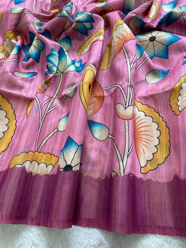 Darika_Pink_–_Navratri_Special_|_Soft_Tussar_Silk_Saree_with_Print,_Pallu_&_Zari_Border_&_Contrast_Print_Blouse_with_Tassels