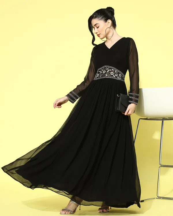 Black_Georgette_Zari_Sequence_Embroidered_A_Line_Gown_With_Waiset_Belt_Embroidered