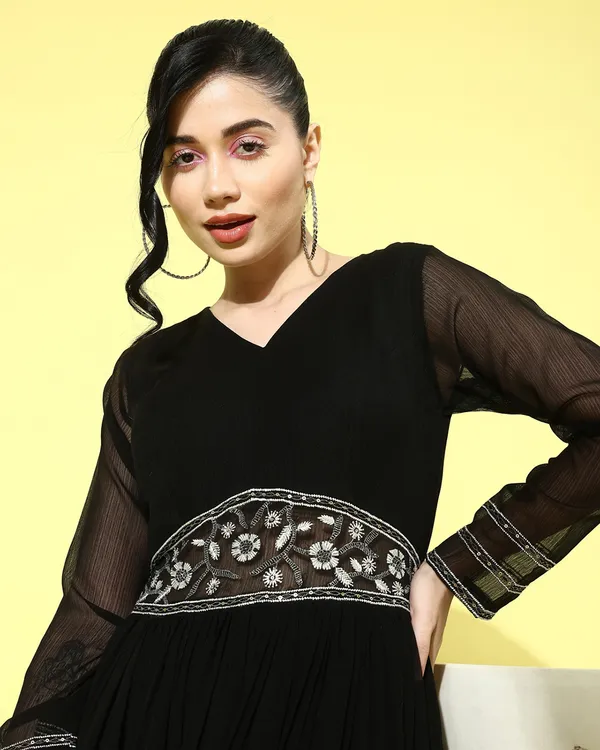 Black_Georgette_Zari_Sequence_Embroidered_A_Line_Gown_With_Waiset_Belt_Embroidered