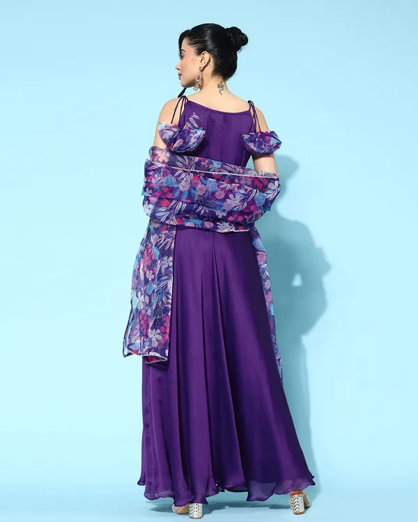 Purple_Satin_Solid_Printed_Tasseled_Kurta_With_Organza_Floral_Printed_Dupatta