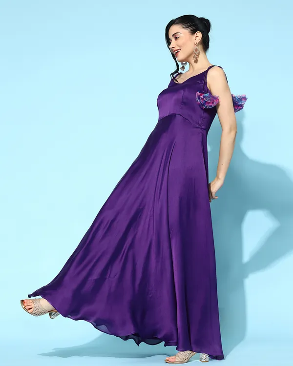 Purple_Satin_Solid_Printed_Tasseled_Kurta_With_Organza_Floral_Printed_Dupatta