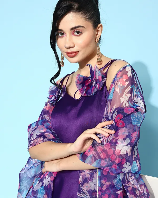 Purple_Satin_Solid_Printed_Tasseled_Kurta_With_Organza_Floral_Printed_Dupatta