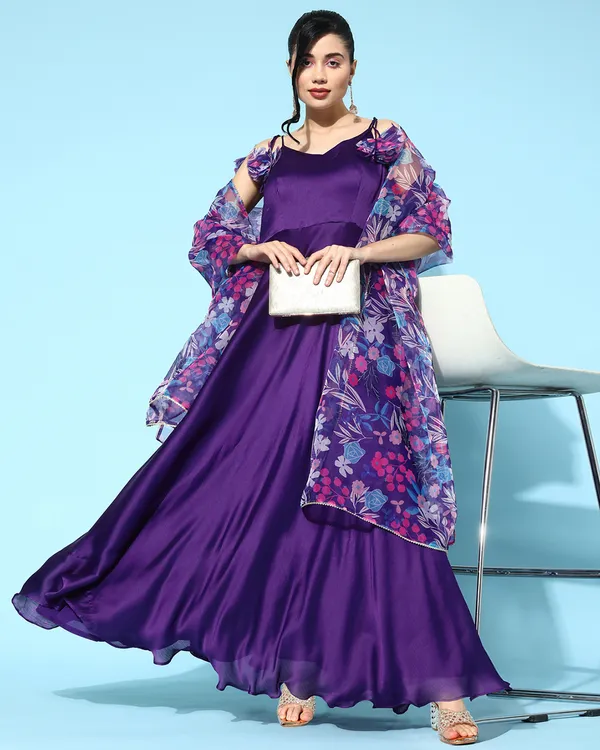Purple_Satin_Solid_Printed_Tasseled_Kurta_With_Organza_Floral_Printed_Dupatta