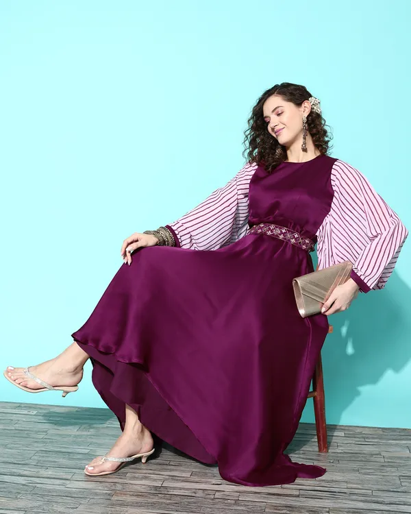Wine_Satin_Solid_Embroidered_Mirror_Work_Belted_A-Line_Gown
