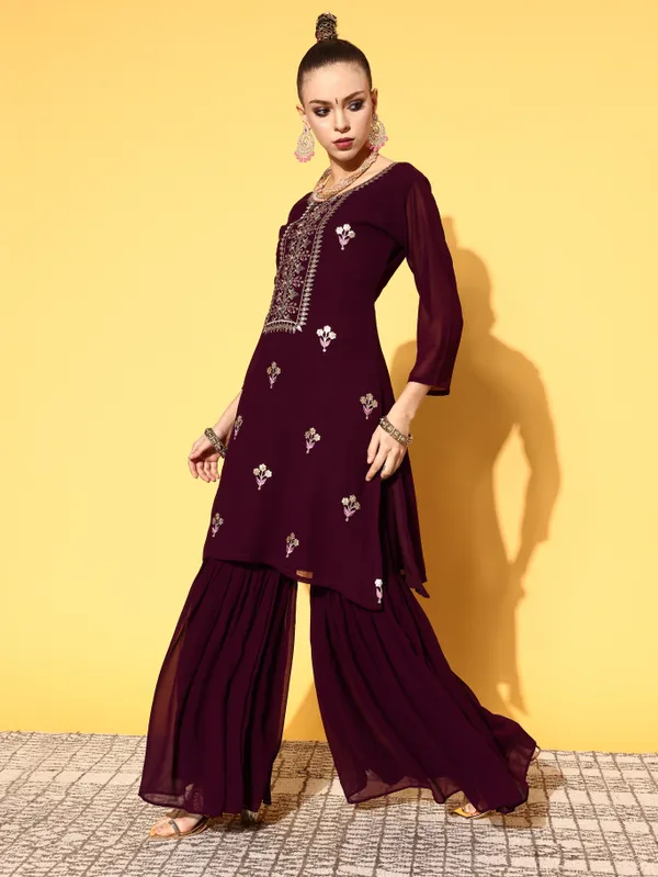 Wine_Georgette_Zari_Sequence_Embroidered_Kurta_Sharara_With_Dupatta