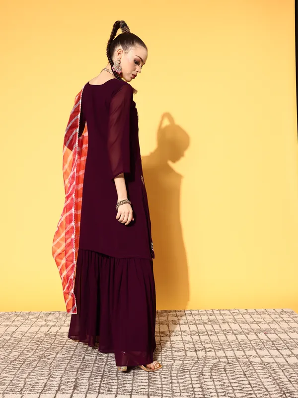 Wine_Georgette_Zari_Sequence_Embroidered_Kurta_Sharara_With_Dupatta