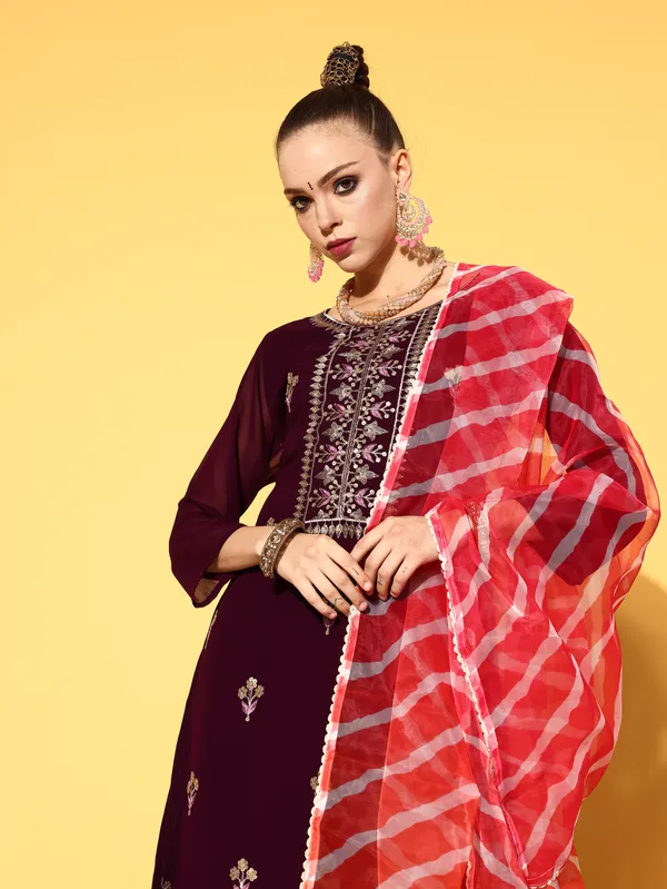 Wine_Georgette_Zari_Sequence_Embroidered_Kurta_Sharara_With_Dupatta