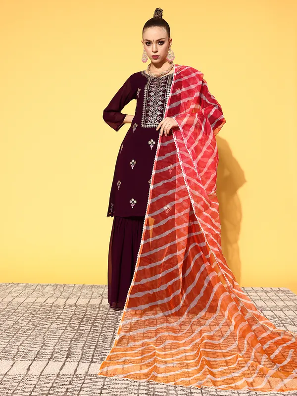 Wine_Georgette_Zari_Sequence_Embroidered_Kurta_Sharara_With_Dupatta
