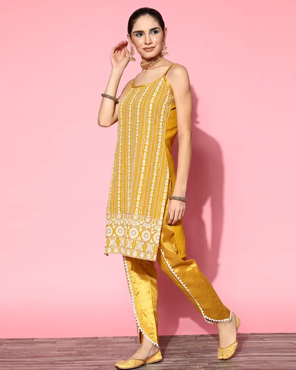 Mustard_Georgette_Sequence_Chikankari_Embroidered_Kurta_Pant_With_Dupatta