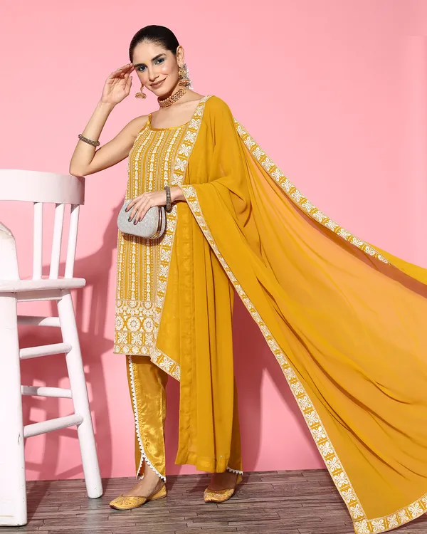 Mustard_Georgette_Sequence_Chikankari_Embroidered_Kurta_Pant_With_Dupatta