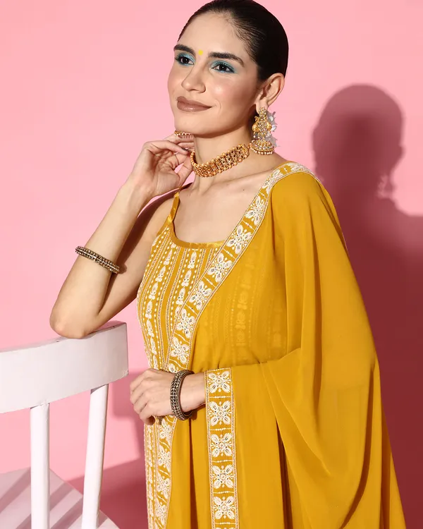 Mustard_Georgette_Sequence_Chikankari_Embroidered_Kurta_Pant_With_Dupatta