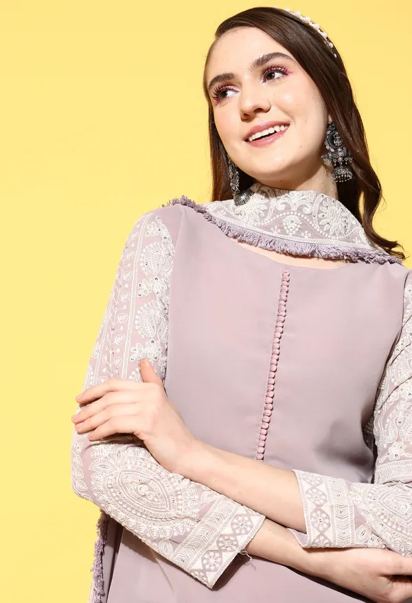 Lavender_Ethnic_Motifs_Embroidered_Chikankari_Kurta_With_Trousers_Dupatta
