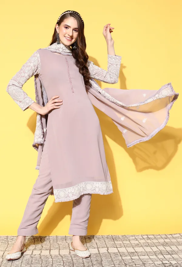 Lavender_Ethnic_Motifs_Embroidered_Chikankari_Kurta_With_Trousers_Dupatta