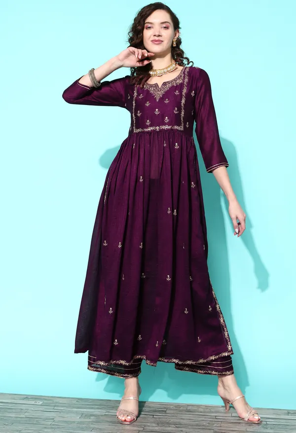 Wine_Chinon_Silk_Sequence_Zari_Embroidered_Flared_Side_Slit_Kurta_Palazzo_Set