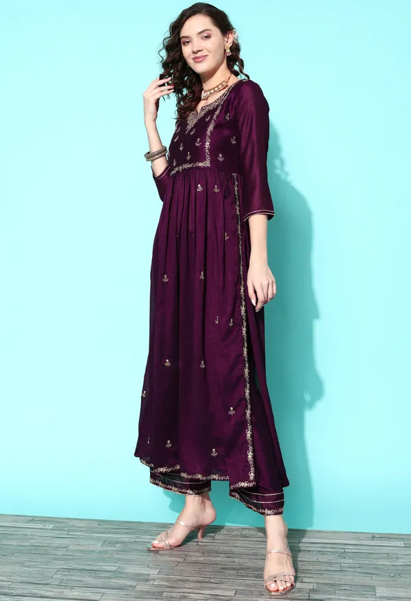 Wine_Chinon_Silk_Sequence_Zari_Embroidered_Flared_Side_Slit_Kurta_Palazzo_Set