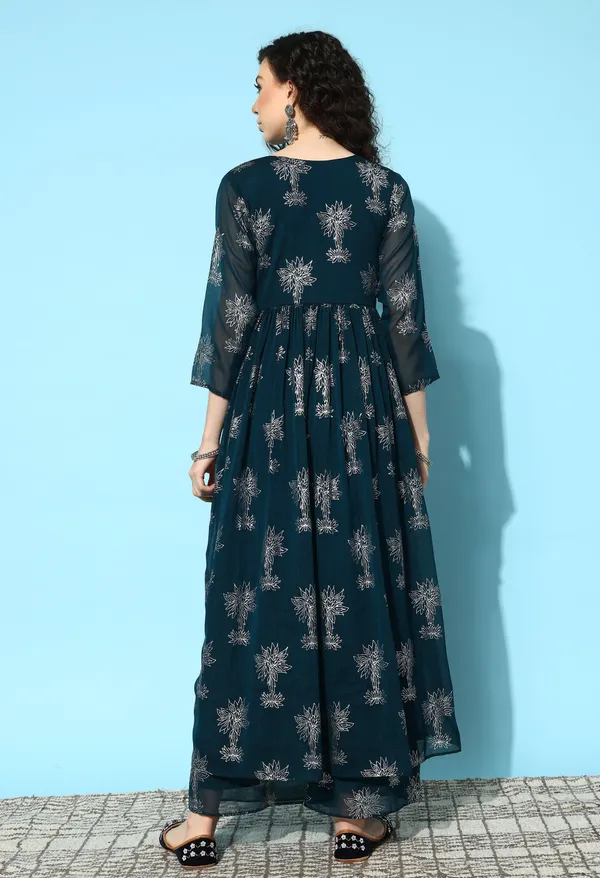 Teal_Floral_Printed_Regular_Mirror_Work_Kurta_With_Palazzos