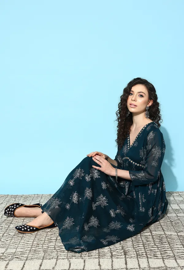 Teal_Floral_Printed_Regular_Mirror_Work_Kurta_With_Palazzos