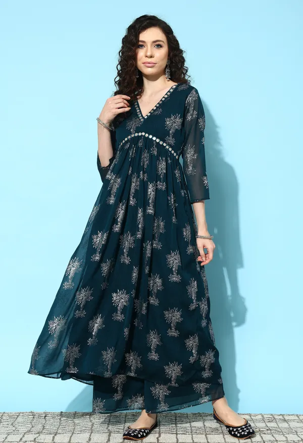 Teal_Floral_Printed_Regular_Mirror_Work_Kurta_With_Palazzos