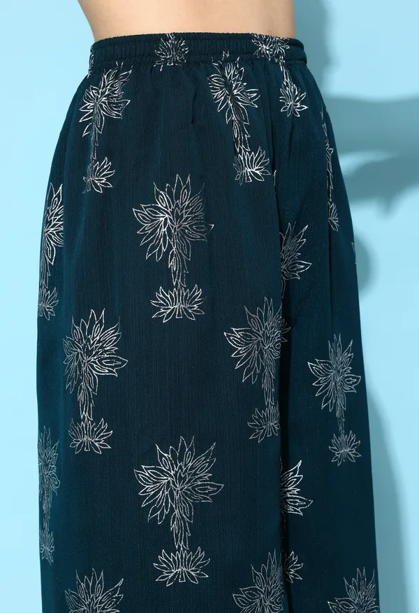 Teal_Floral_Printed_Regular_Mirror_Work_Kurta_With_Palazzos