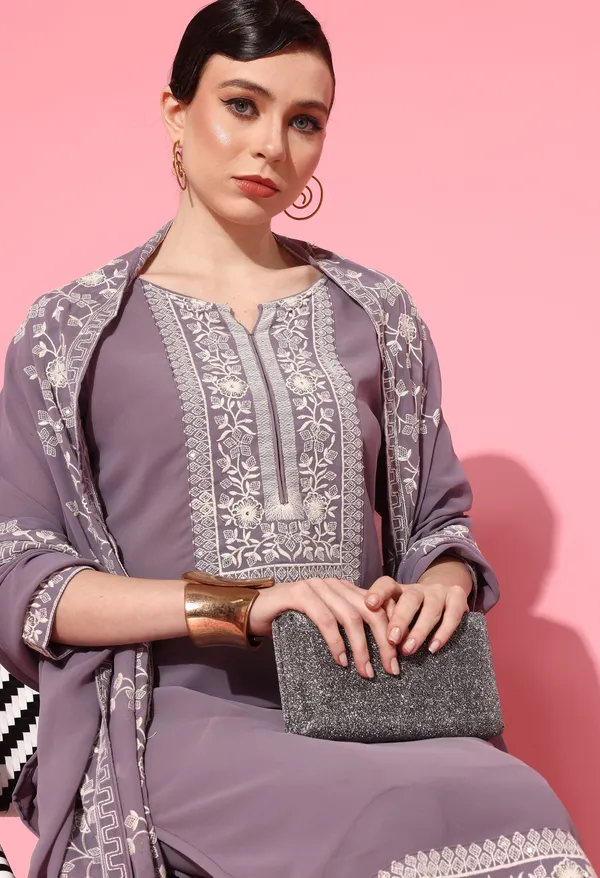 Purple_Georgette_Schiffly_Sequence_Chikankari_Kurta_With_Pant_And_Schiffly_Sequence_Chikankari_Dupatta_For_Women
