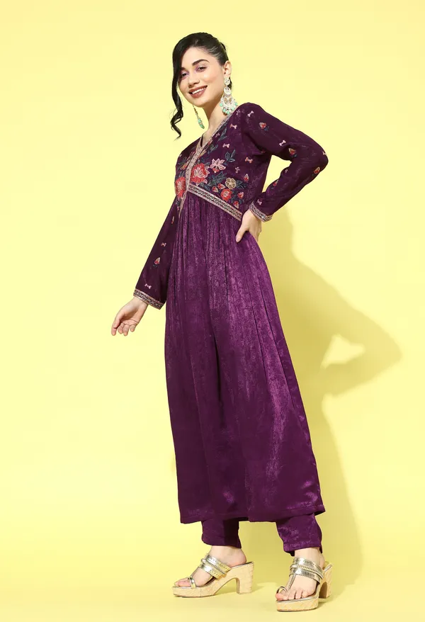 Wine_Floral_Yoke_Design_Pleated_Sequinned_Velvet_Kurta_With_Trousers