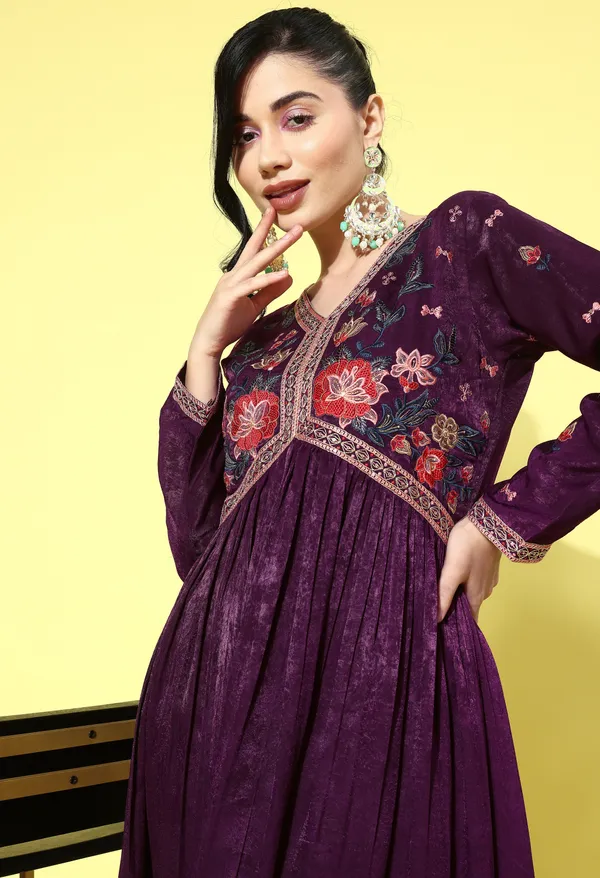Wine_Floral_Yoke_Design_Pleated_Sequinned_Velvet_Kurta_With_Trousers